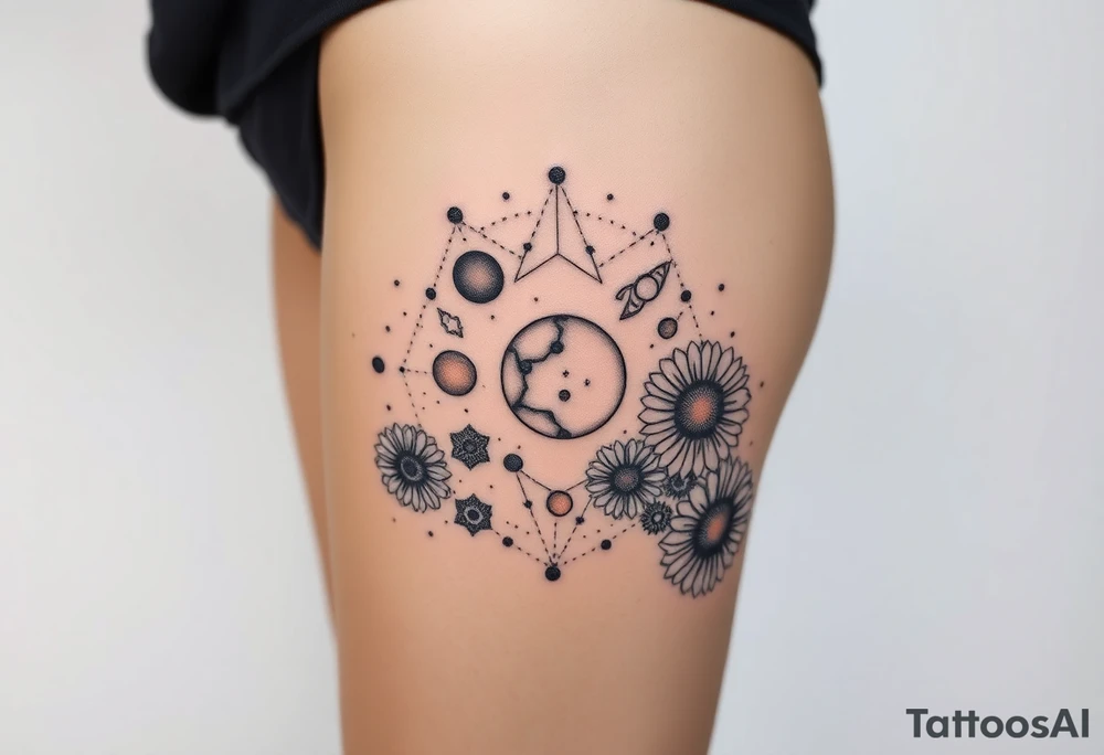 Milky way galaxy with planets with zodiac symbols and protection runes in it with tigerlillies roses and sunflowers tattoo idea