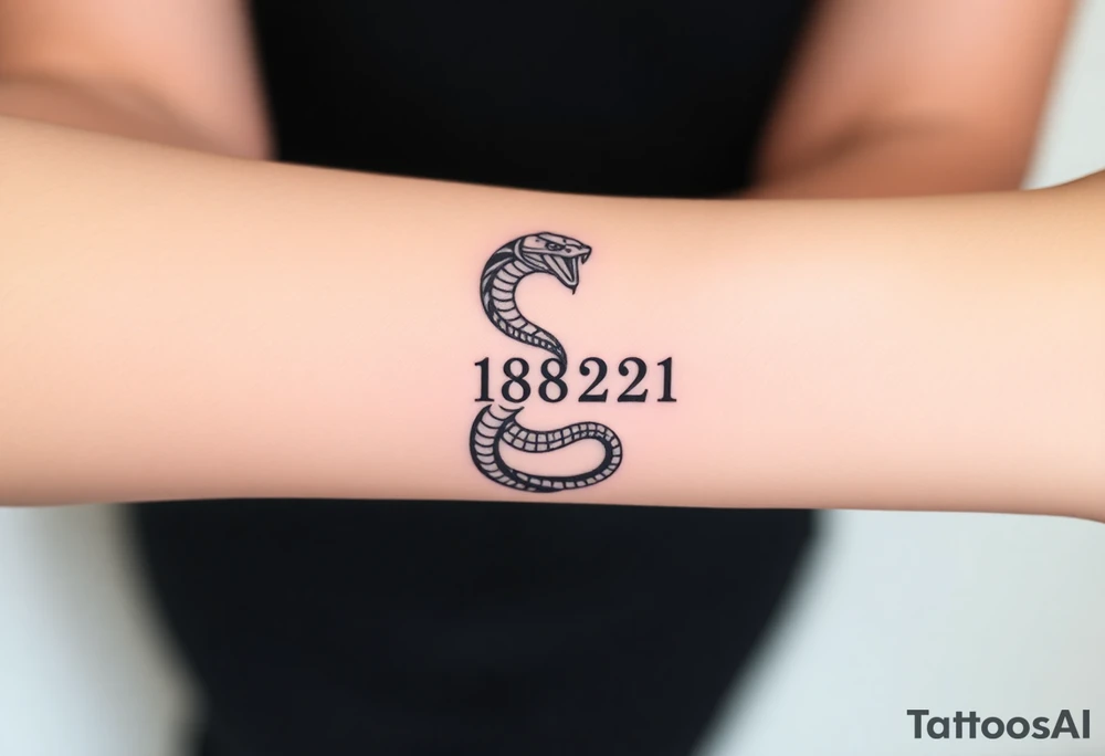 I want a small simple silhouette lines black and white wrist majestic royal snake tattoo that has number 12821 on its body along and also I want it to represent feminine energy crown queen Cycle tattoo idea