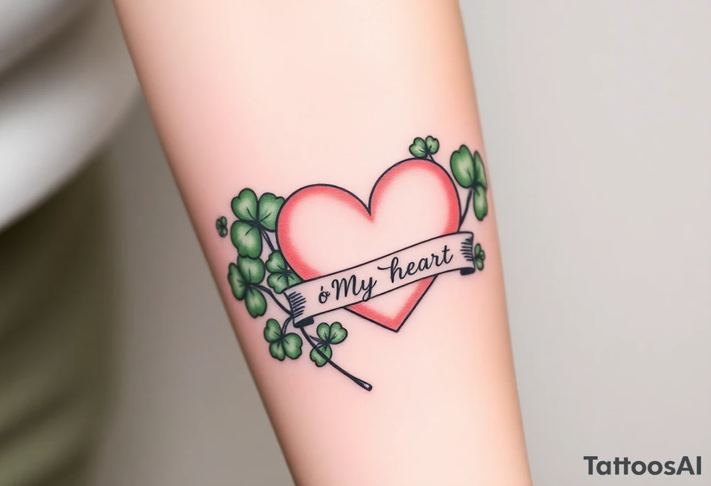 Big patch green shamrocks and a big pale pink heart with a banner across the heart that says Peg 'o My Heart tattoo idea