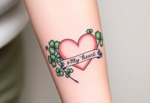 Big patch green shamrocks and a big pale pink heart with a banner across the heart that says Peg 'o My Heart tattoo idea