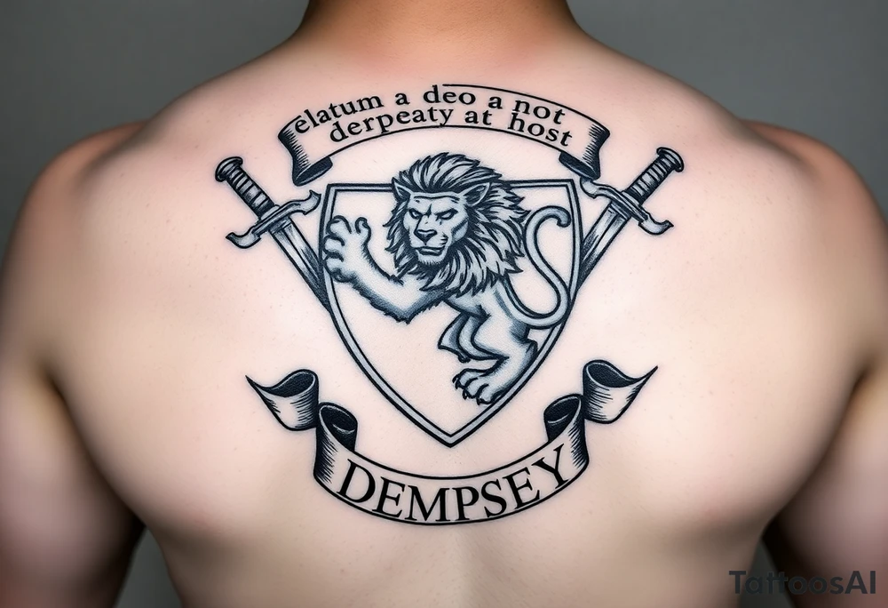 A rampant lion in between two swords with a shield surrounding both the lion and the swords. Above it are the words "elatum a deo non deprimat" inside on an outstretched scroll. And at the bottom it will say "DEMPSEY" inside of an outstretched scroll tattoo idea