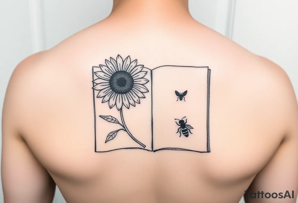 An open book with a sunflower and bees as one page tattoo idea
