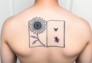 An open book with a sunflower and bees as one page tattoo idea