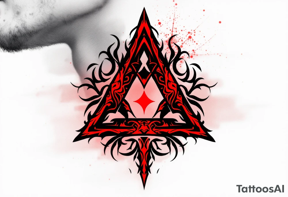 A bold tribal-style triquetra, filled with deep red and black patterns, creating a powerful and dynamic effect. tattoo idea