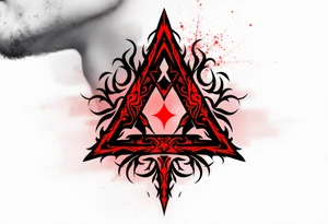 A bold tribal-style triquetra, filled with deep red and black patterns, creating a powerful and dynamic effect. tattoo idea