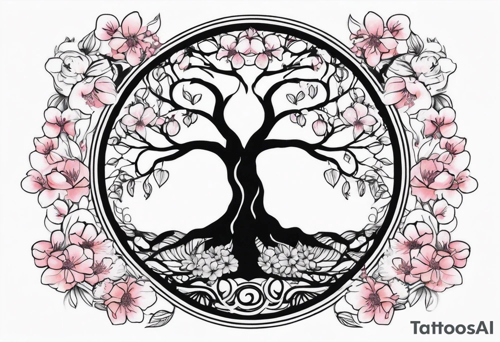 Tree of life in a circle cherry blossoms tattoo idea