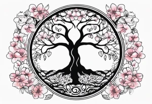 Tree of life in a circle cherry blossoms tattoo idea