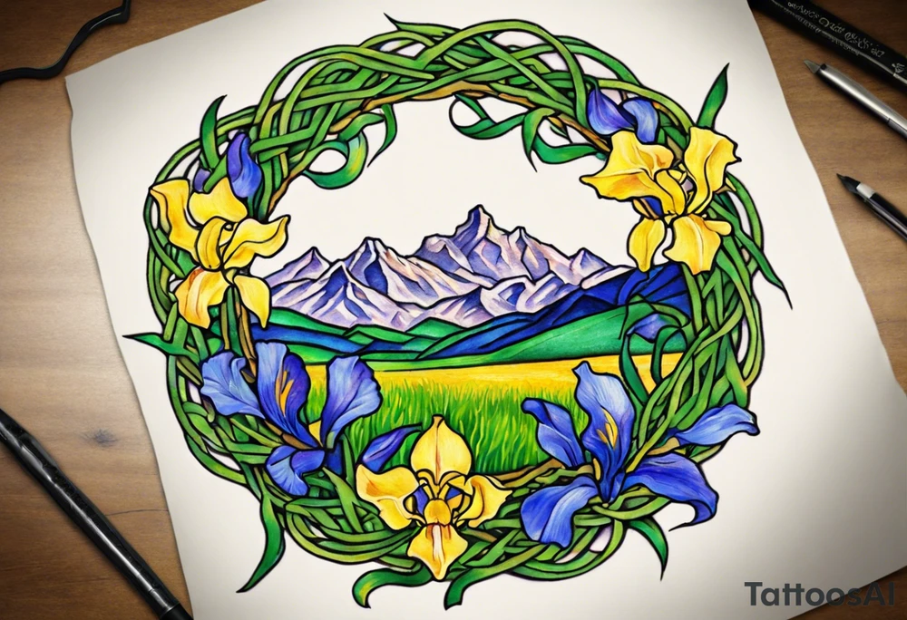 Create a small, thick, colorful Vincent van Gogh Irises tattoo, with vines in Celtic knots gracefully intertwining at a central point in the middle of the wreath. Inside the tattoo is mountains. The intended placement is on the upper chest. The overall design should be small in size while maintaining a delicate and artistic aesthetic. Pay attention to the graceful flow of the vines and the placement of the irises to achieve a refined and elegant look. tattoo idea
