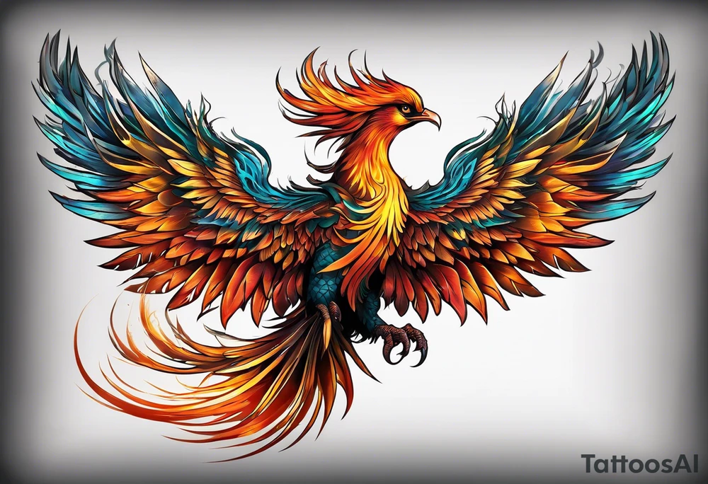 Tattoo: A powerful, majestic phoenix, depicted mid-flight or rising, with wings extended and feathers flowing. Deep shading and intricate details to bring out the texture and motion of the feathers. tattoo idea