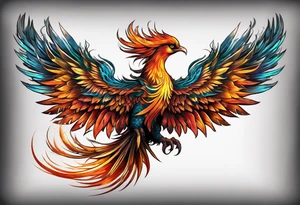 Tattoo: A powerful, majestic phoenix, depicted mid-flight or rising, with wings extended and feathers flowing. Deep shading and intricate details to bring out the texture and motion of the feathers. tattoo idea