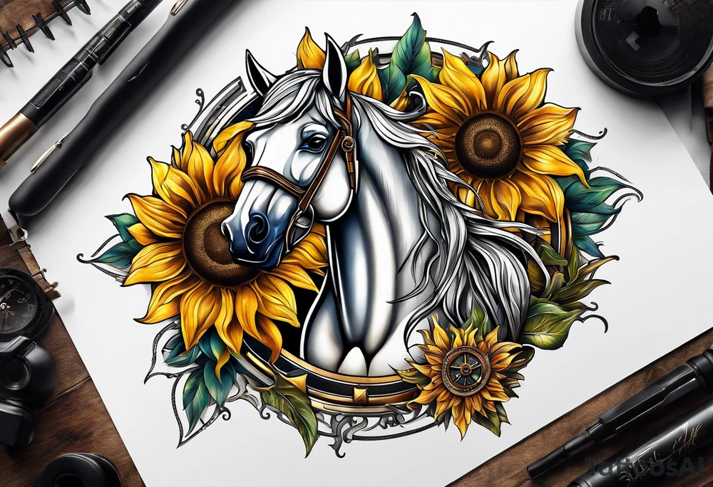 Horse, compass, sunflower tattoo idea