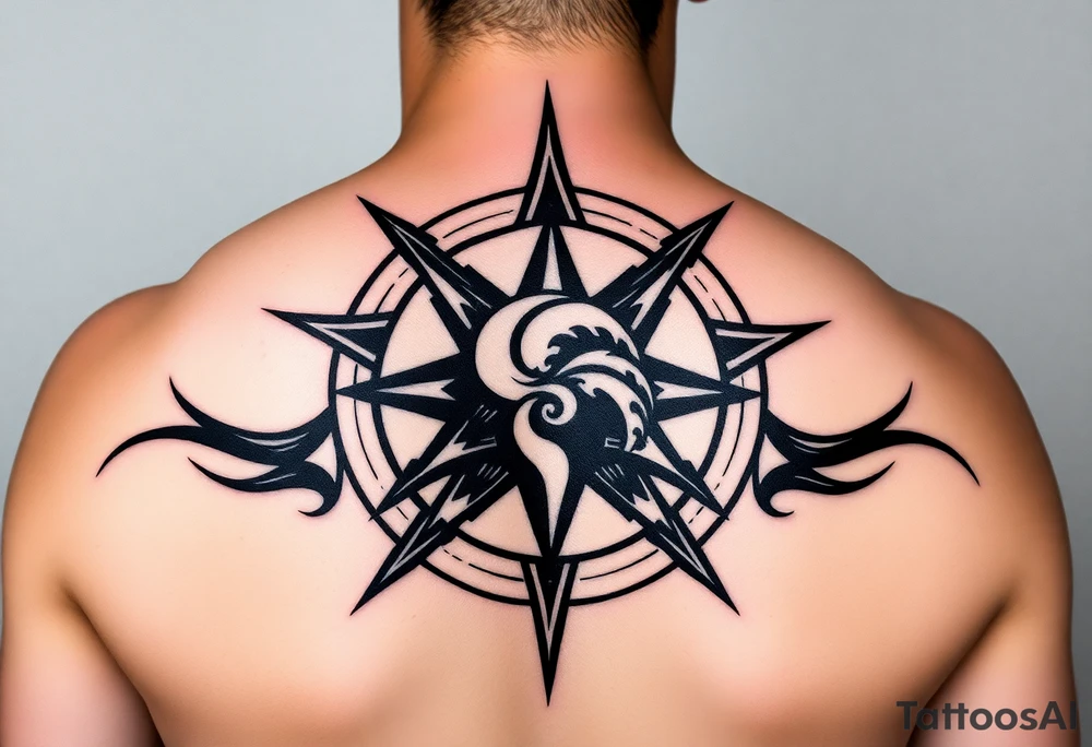 A sharp edged rip curl wave inside of a compass rose tattoo idea