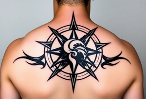 A sharp edged rip curl wave inside of a compass rose tattoo idea