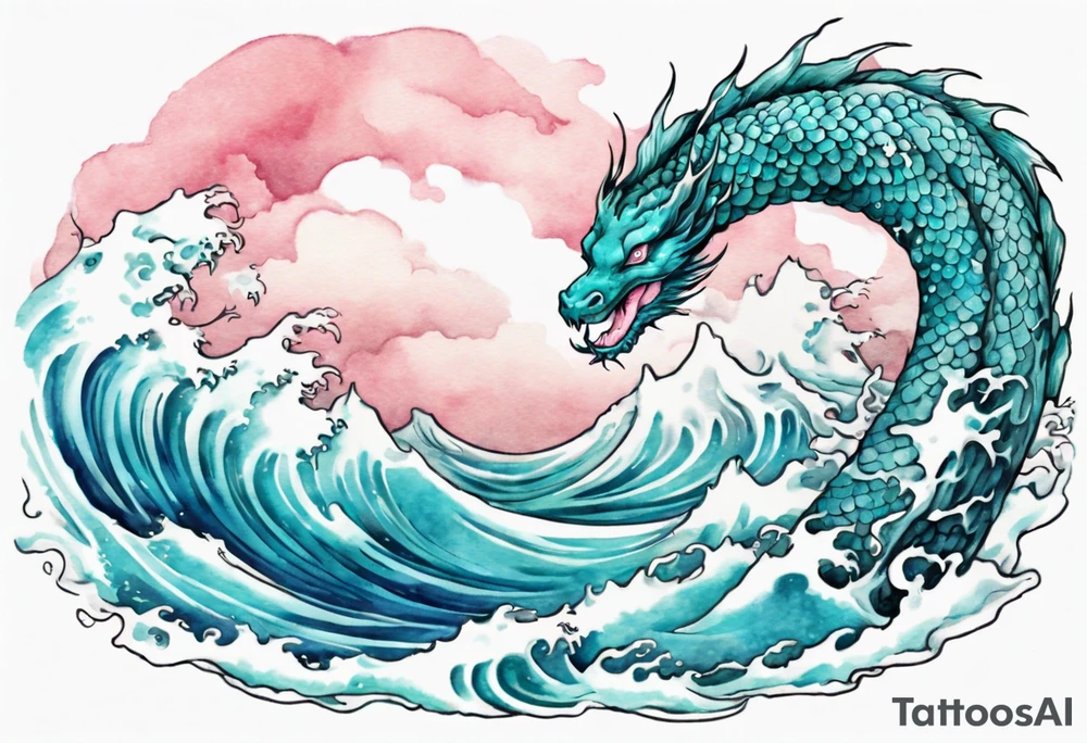 a beautiful turquoise and white and pink Jörmungandr rising from the blue waves of the ocean tattoo idea