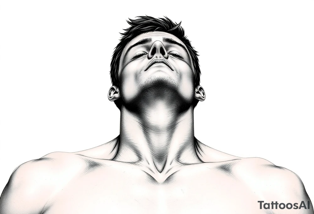 a naked man covered his eyes and mouth and looking up the sky for front arm tattoo idea
