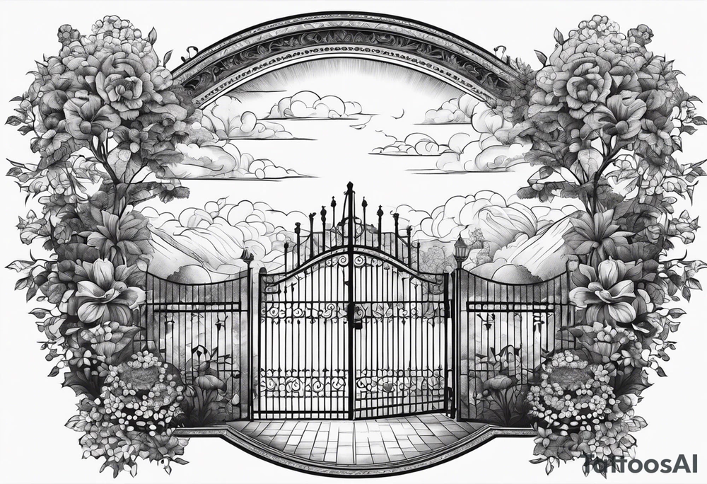 night ancient big town far away  garden gate entrance 
 in circle vignette surrounded by clouds floral tattoo idea