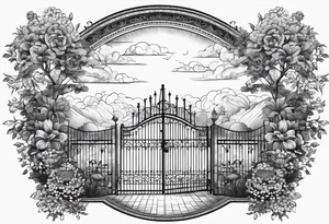 night ancient big town far away  garden gate entrance 
 in circle vignette surrounded by clouds floral tattoo idea