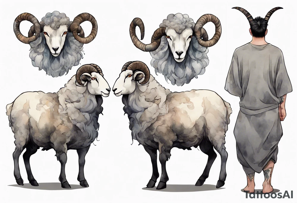 a large man wearing a grey tunic with the head of a big horned sheep tattoo idea