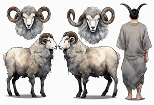 a large man wearing a grey tunic with the head of a big horned sheep tattoo idea