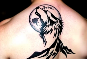lone wolf howling at full moon with northern lights backdrop tattoo idea