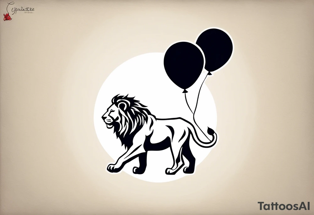 tattoo design should be in the layout of the famouse picture"small princ"  where it should remind me that I survived,and my life was saved by my husband, and he should be represented in the tattoo as a young lion holding a balloon held in the muzzle.
The baloon which is red and in Hearth shape. The whole body of lion should be visible and more abstract not so realistic.The lion is holding the string of the baloon in the muzzle. The string from the balloon should have a heartbeat pulse.The baloon should be red colored, and the rest of the image should be black only. tattoo idea