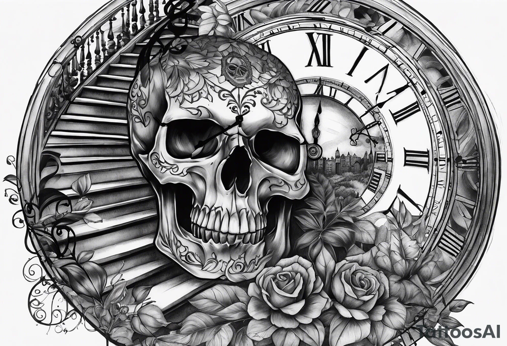Skull, clock, stairs tattoo idea
