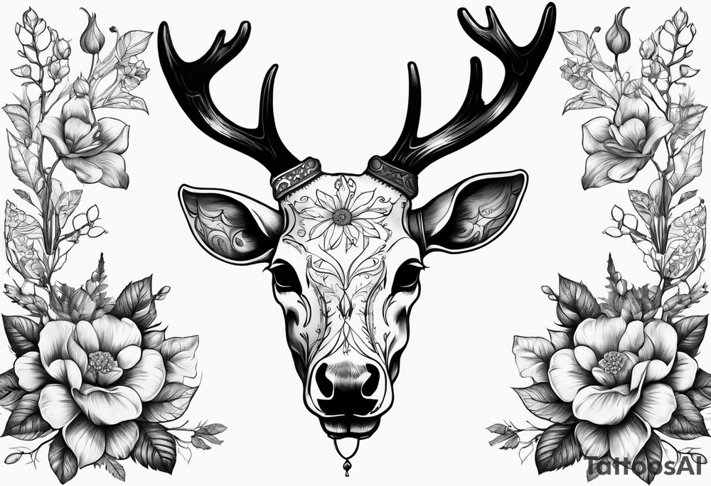 Reindeer skull and flower on horns tattoo idea
