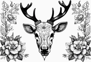 Reindeer skull and flower on horns tattoo idea