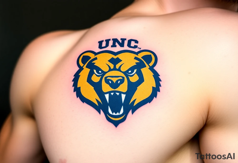 University of Northern Colorado bear mascot  head with Navy blue and yellow with UNC lettering Above head tattoo idea