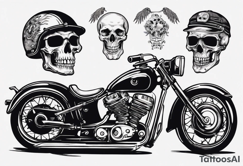 Motorcycle and an old vintage classic car with skeleton tattoo idea