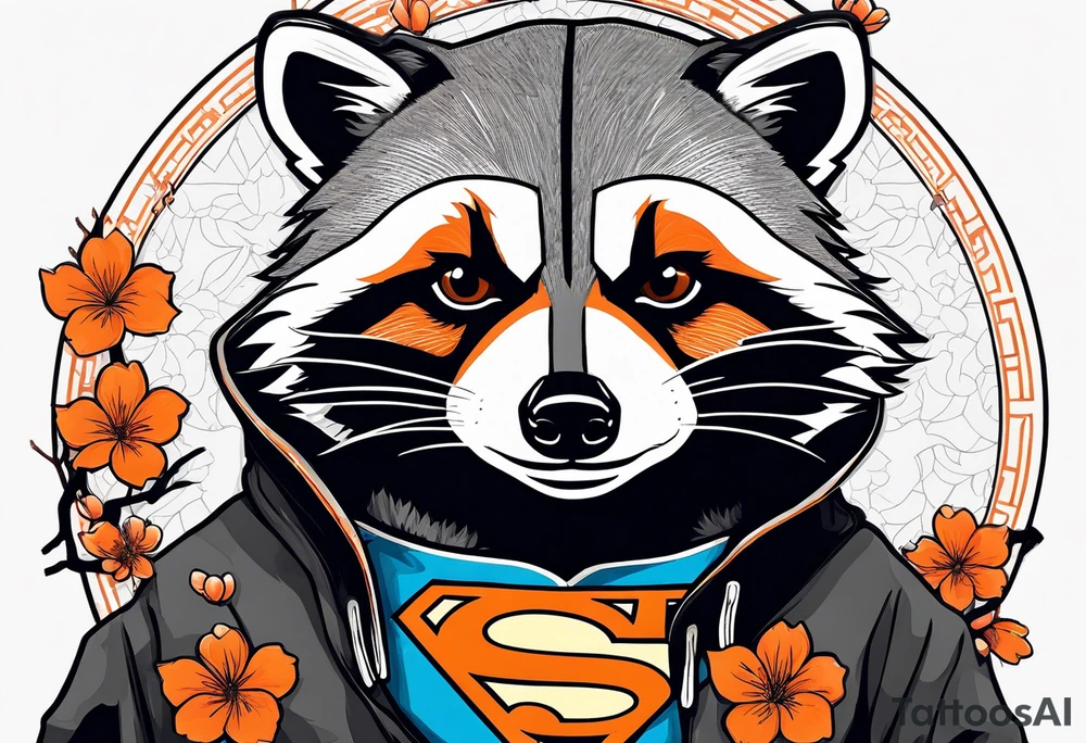 Raccoon wearing a white Superman logo on a black hoodie and orange Japanese cherry blossoms beside tattoo idea