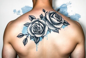 Black and white roses with blue watercolour behind tattoo idea