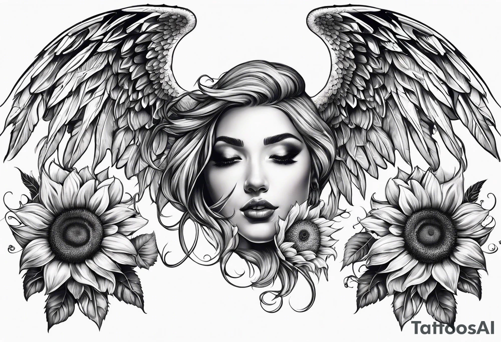 Sunflowers and angel wings leg sleeve tattoo idea