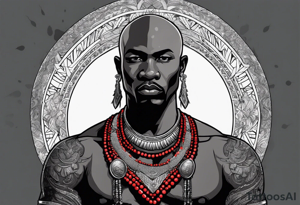 Black-skinned bald african warrior. He is a god of the war. Wears a simple red necklace and a silver crown tattoo idea