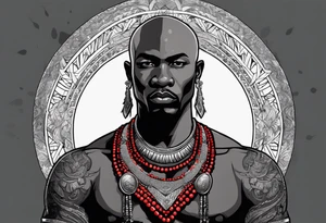 Black-skinned bald african warrior. He is a god of the war. Wears a simple red necklace and a silver crown tattoo idea