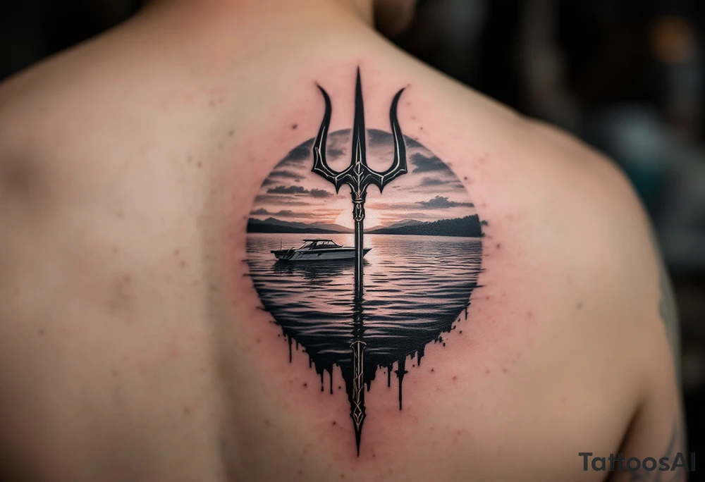 trident half way under calm water with skiboat and sunset tattoo idea