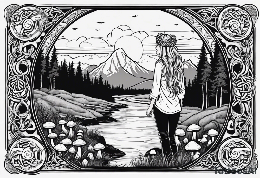 Whole picture encircled fully

Straight long blonde hair hippie girl in distance holding mushrooms in hand facing away toward mountains and creek surrounded by mushrooms long sleeve shirt and hiking pants; whole rendering within a full celtic circle border, no cut off circle tattoo idea