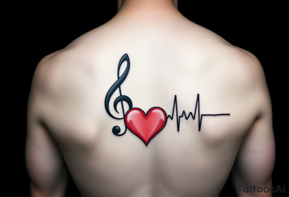 Music staff with treble clef and music notes and Ekg line with red heart tattoo idea