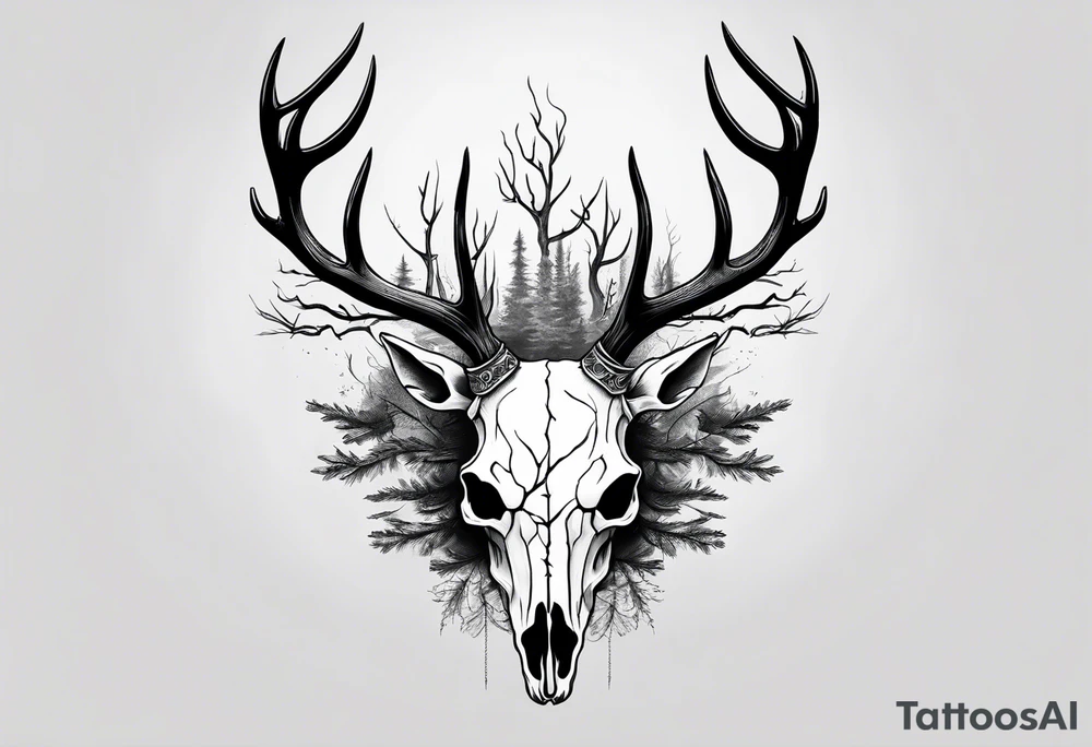 A side view of decayed deer skull surrounded by trees and fire tattoo idea