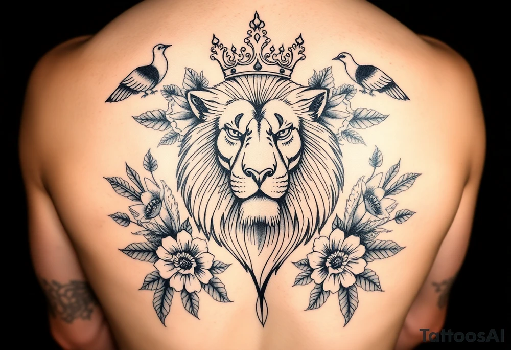 powerful majestic lion with a crown, surrounded by floral ornaments and birds tattoo idea
