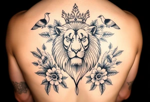 powerful majestic lion with a crown, surrounded by floral ornaments and birds tattoo idea