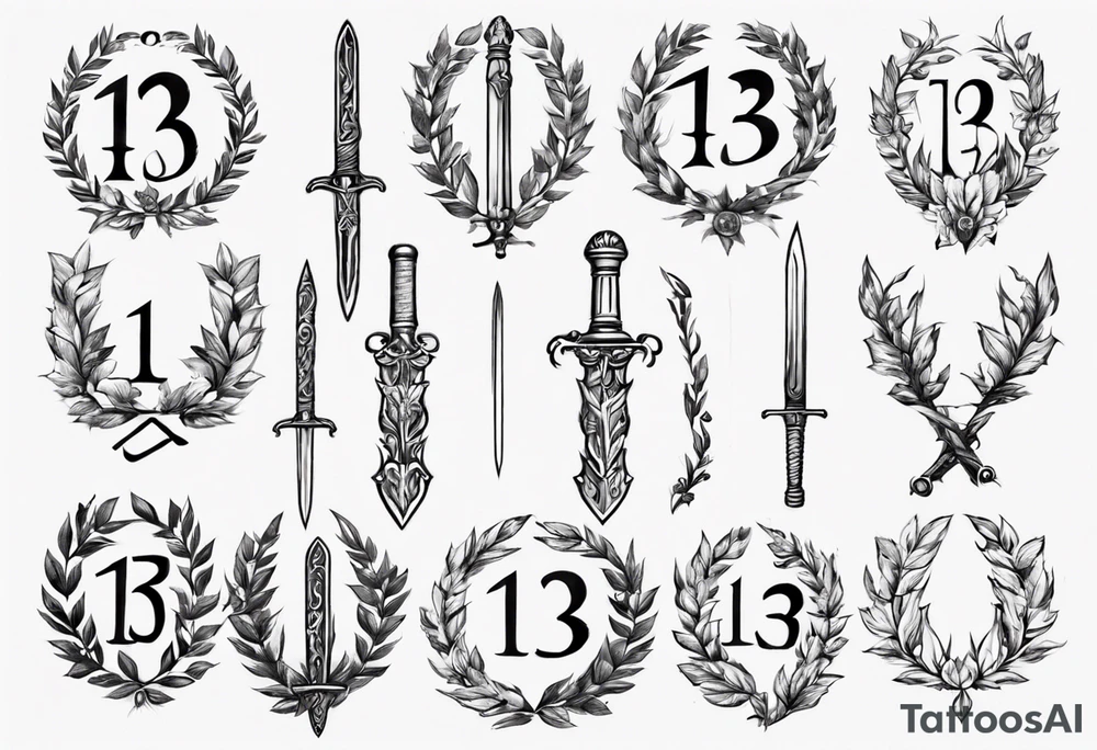 The number 13 in the middle of a laurel leaf wreath, a sword is under the number. tattoo idea