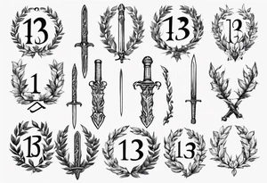 The number 13 in the middle of a laurel leaf wreath, a sword is under the number. tattoo idea