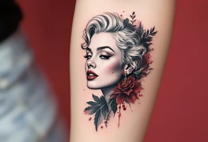 Full upper-body Monroe tattoo in elegant black and white with a deep burgundy background. tattoo idea