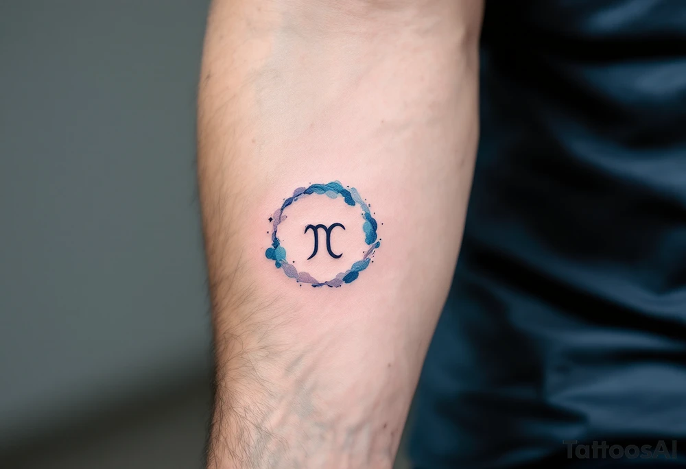 A minimalist Aquarius symbol, surrounded by soft watercolor waves in hues of turquoise, indigo, and silver. tattoo idea