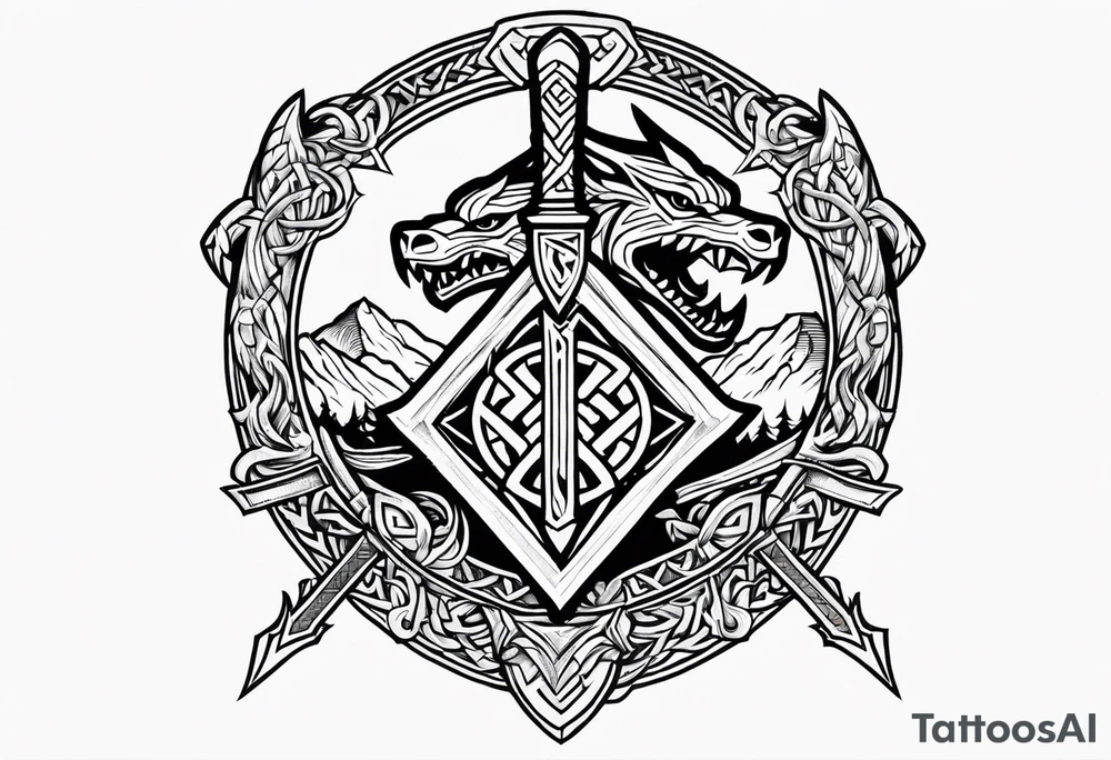 Valhalla sword shield dragon axe Valknut tattoo idea