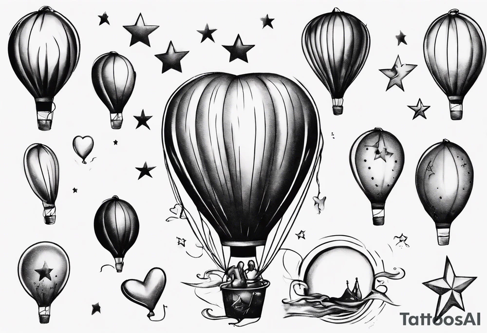 Hot water balloon with star and heart balloons and girl inside the balloon tattoo idea