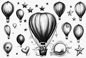 Hot water balloon with star and heart balloons and girl inside the balloon tattoo idea