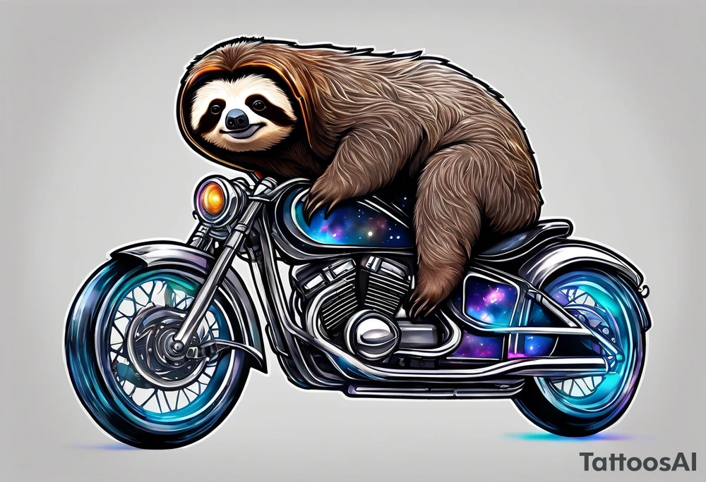 sloth on motorcycle in space galaxy tattoo idea