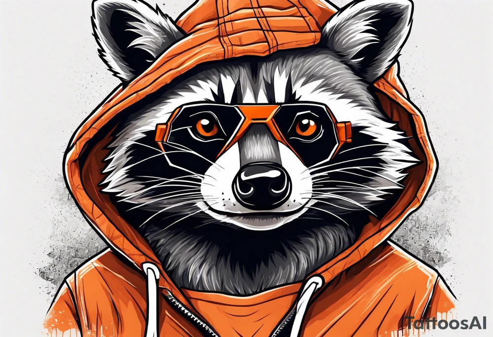 Raccoon wearing an orange Superman hoodie tattoo idea